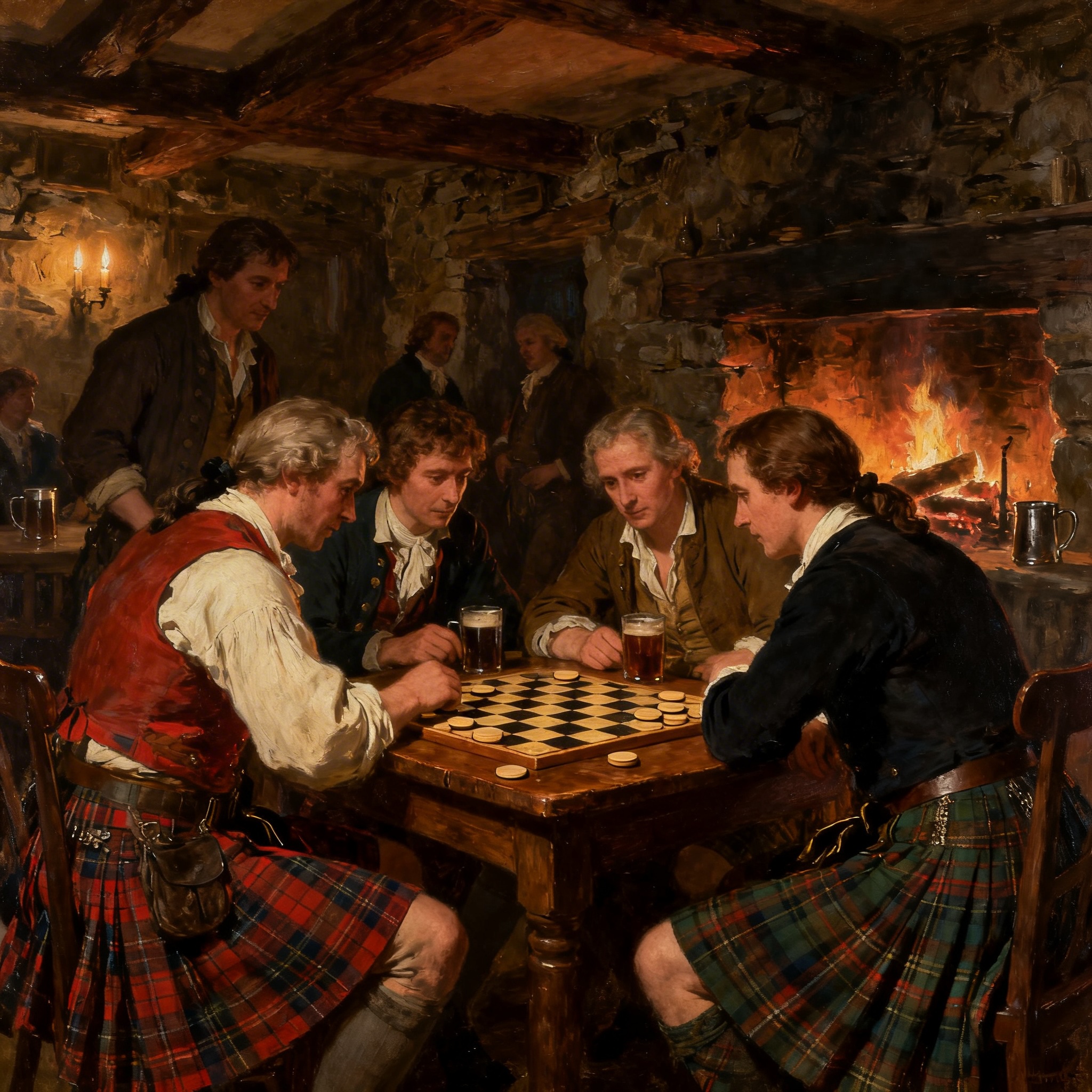 Two gentlemen playing draughts in an 18th-century ornate hall